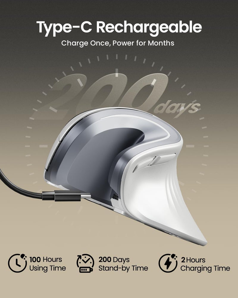 ProtoArc Ergonomic Mouse, EM11 NL Wireless Vertical Mouse, Ergo Mouse with Multi-Device, USB-C Rechargeable Mice for Windows, Mac OS, PC/Notebook/Laptop,White - Image 3